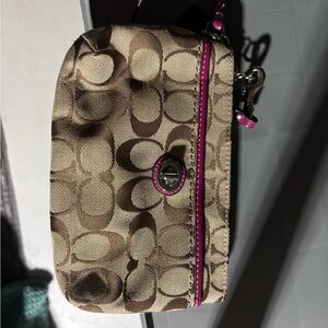 Coach Signature Beige and Magenta Wristlet